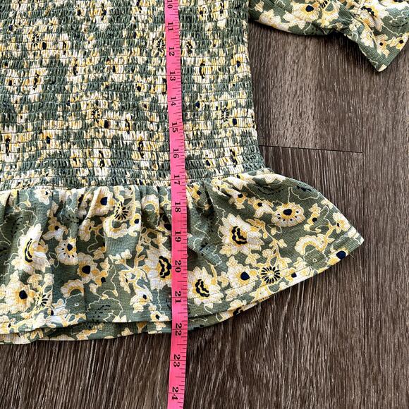 EUC Melloday Green Yellow Floral Smocked Peplum Top M Ruffle Sleeve Cottagecore - Picture 9 of 11